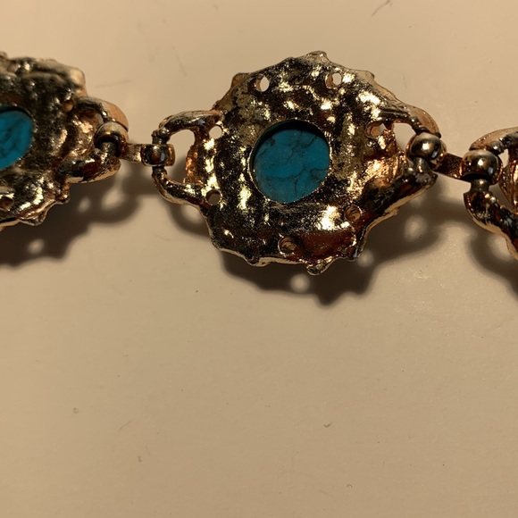 Faux Turquoise Link Bracelet Gold Tone Fold Over Clasp 7โ Bronze/Gold Tone VTG - Picture 13 of 13